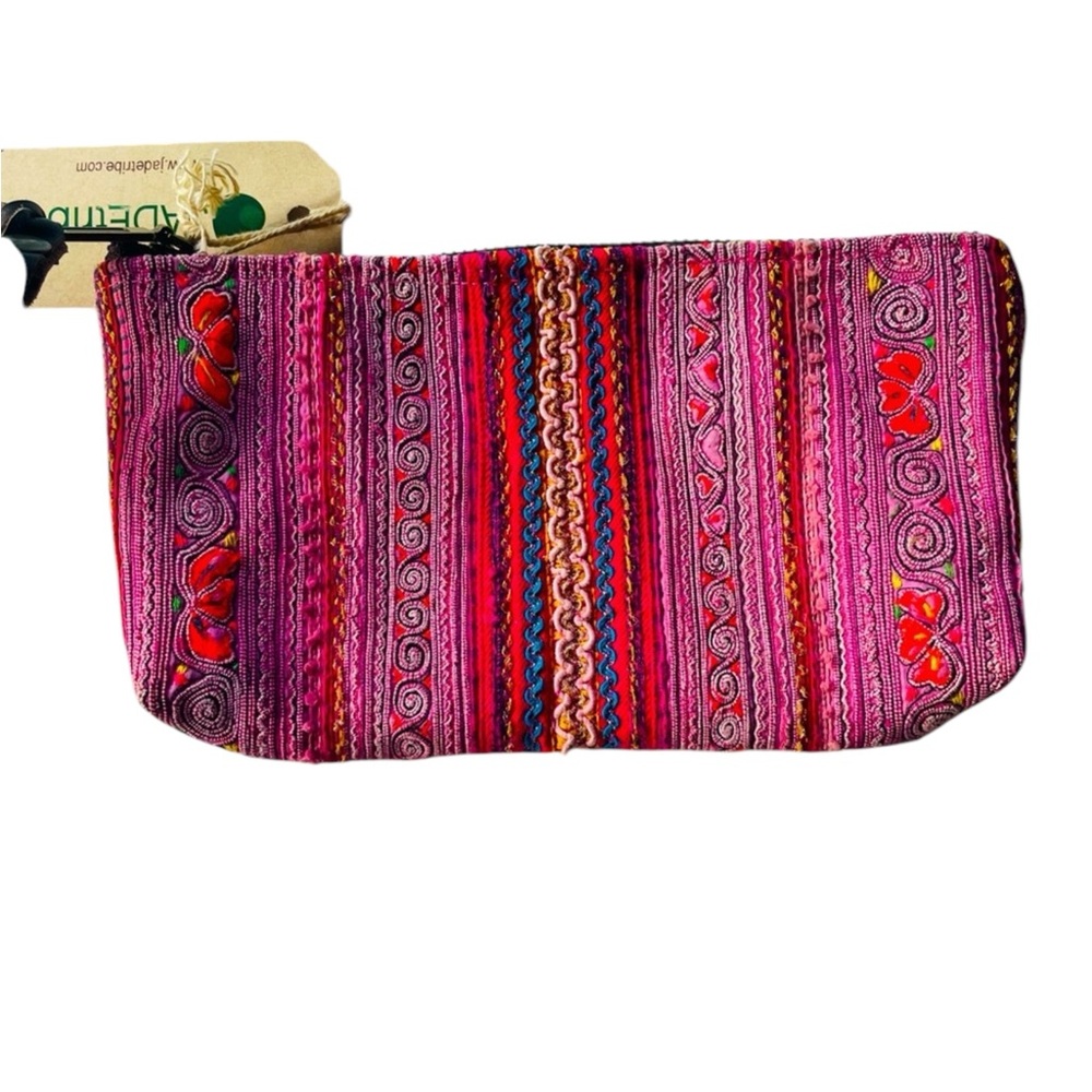 Pink Toned Handcrafted Woven Jade Tribe Clutch pull tab and leather Fringe - Picture 6 of 12